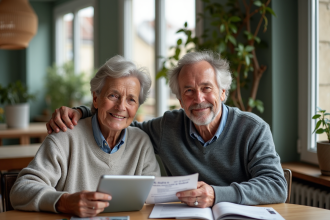 Couple retraité souriant avec documents financiers à Paris