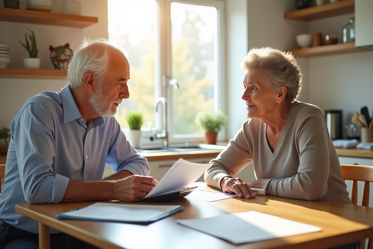 Couple retraités discutant de finances à la maison