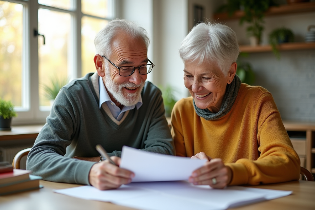 Couple retraité souriant vérifiant des papiers à la cuisine