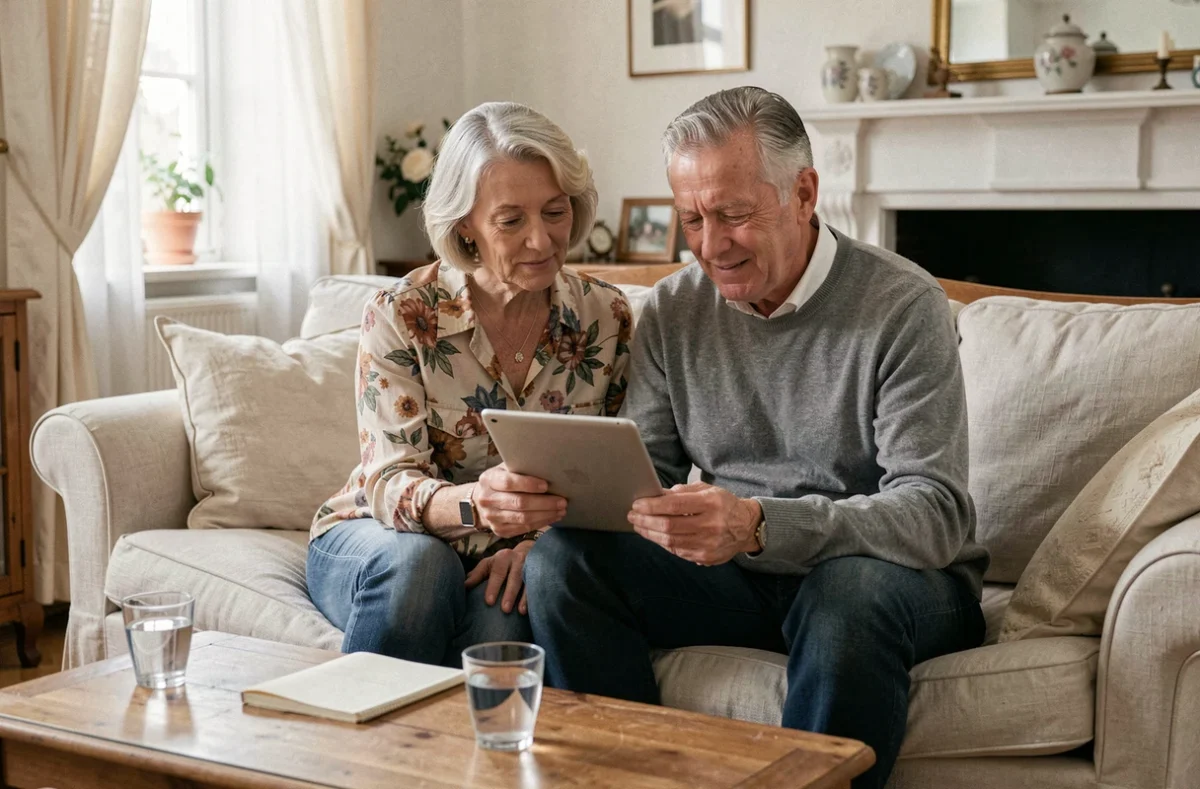 Couple de retraités consultant ensemble leur espace personnel Carsat Normandie sur une tablette