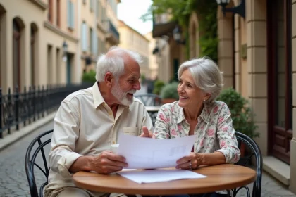 Couple de retraités français consultant des documents financiers en terrasse de café dans un village de France