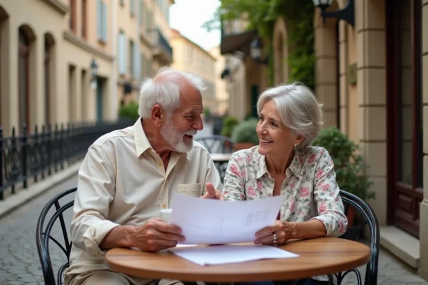 Couple de retraités français consultant des documents financiers en terrasse de café dans un village de France