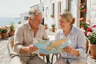 Couple de retraités européens attablés en terrasse dans une ville méditerranéenne ensoleillée, consultant une carte de voyage