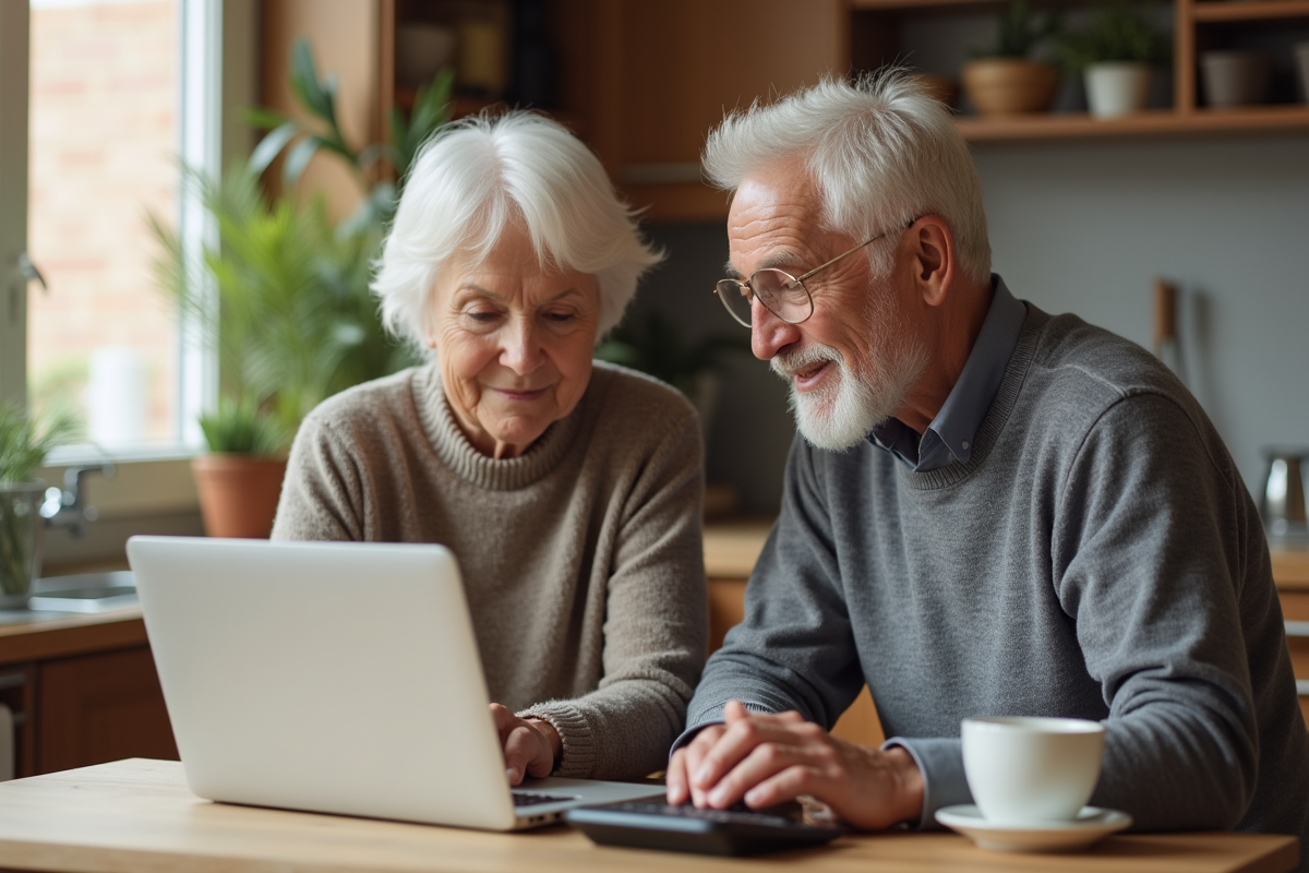 Couple retraité utilisant ordinateur et calculatrice à la maison