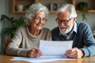 Couple âgé examinant des documents de retraite à la maison