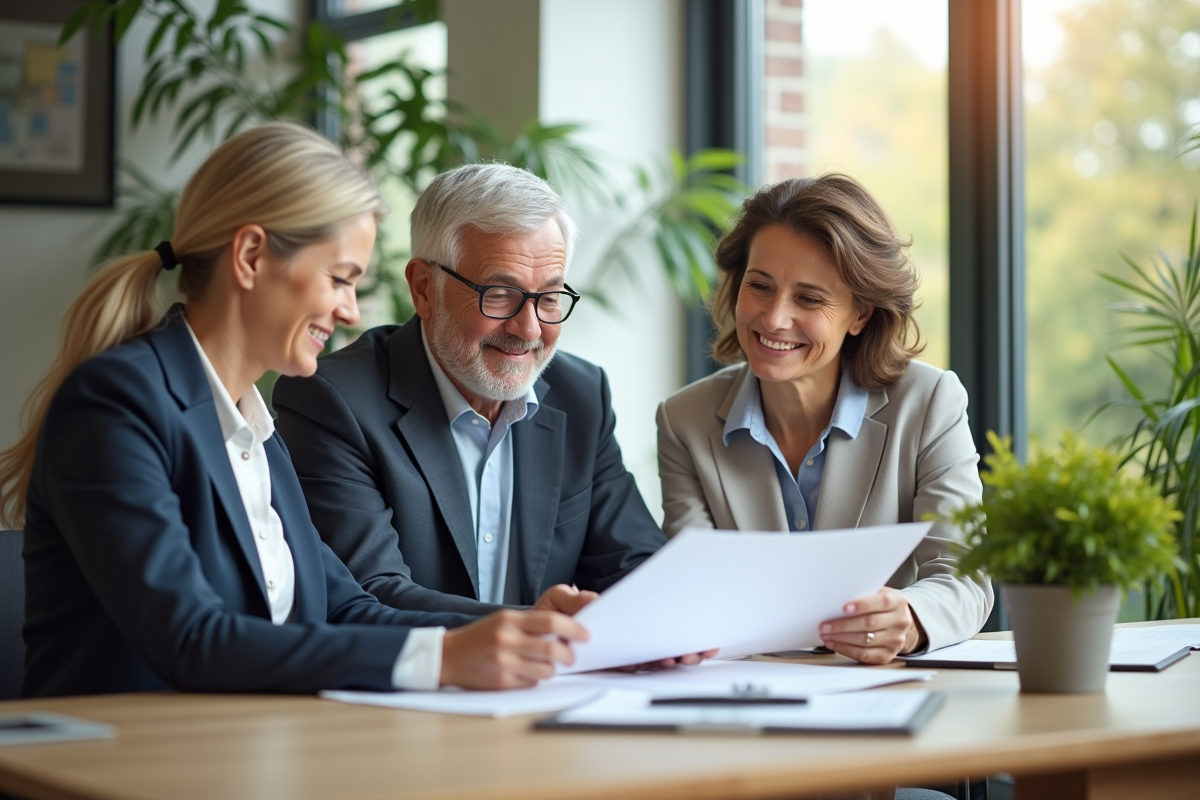 Couple senior souriant avec un agent d'assurance à un bureau lumineux
