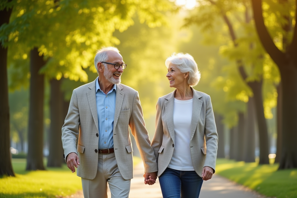 Couple senior souriant se promenant dans un parc ensoleille