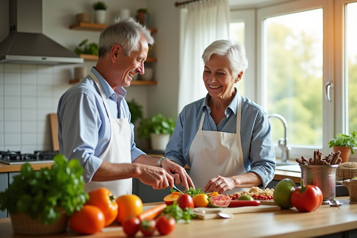 Couple senior préparant un repas sain dans une cuisine lumineuse