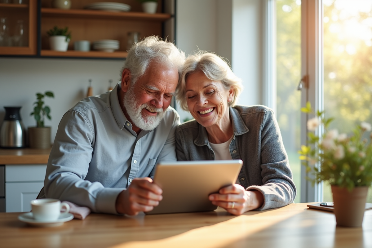 Couple senior souriant utilisant une tablette dans la cuisine