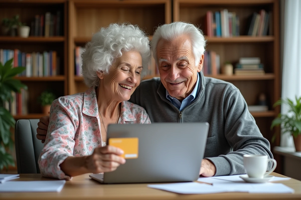 Un couple de seniors consultant les avantages de la Carte Senior SNCF sur leur ordinateur à domicile