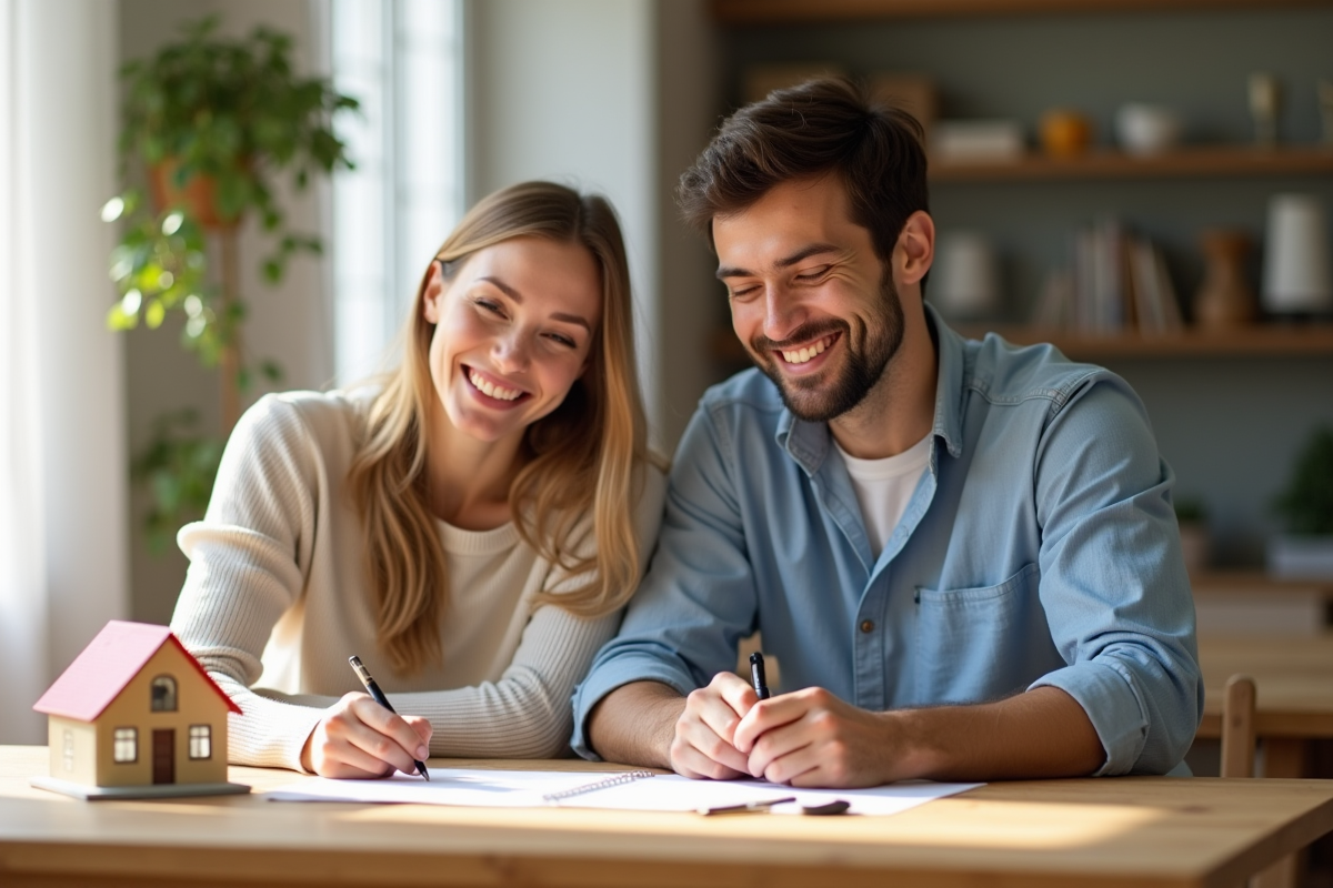 Couple souriant signant des documents avec une maison en modèle