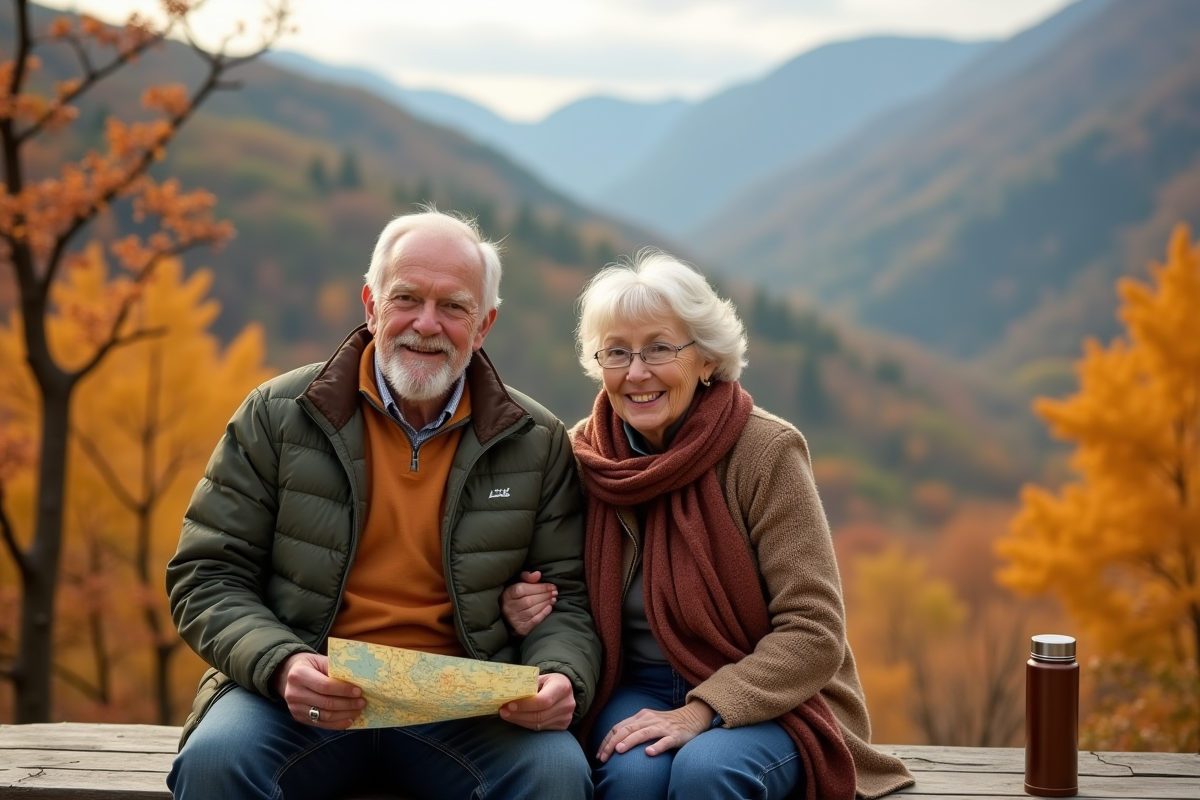 Couple senior souriant en montagne en automne avec carte