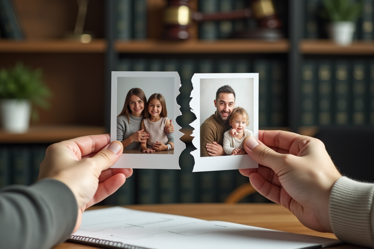 Mains déchirant une photo de famille en lumière douce