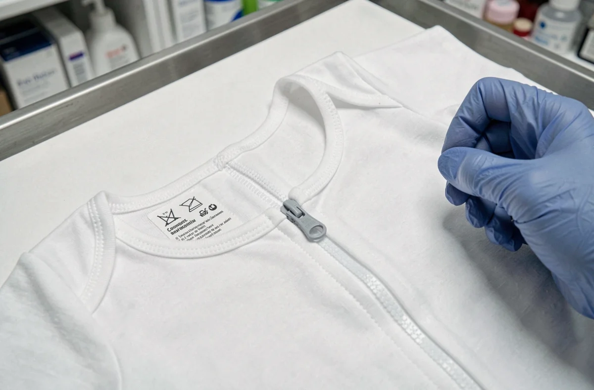 Détail de la fermeture anti-arrachement d'un babygros adulte avec système de sécurité dorsal et coutures renforcées