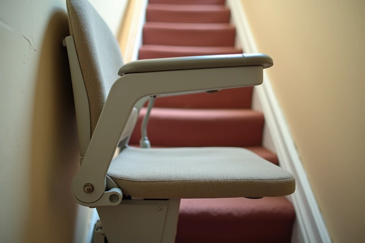 Détail du mécanisme pliant d'un monte escaliers compact posé contre la paroi d'un escalier étroit dans une maison ancienne