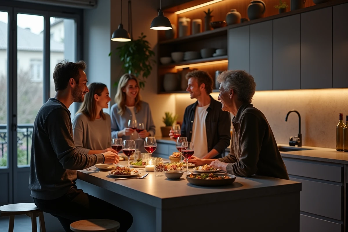 Groupe d'adultes réunis lors d'un dîner convivial dans un appartement parisien, illustrant la création d'amitiés authentiques grâce à Quintonic Paris
