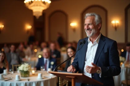 Homme de 60 ans souriant au micro lors de son discours d'anniversaire humoristique dans une salle de banquet décorée