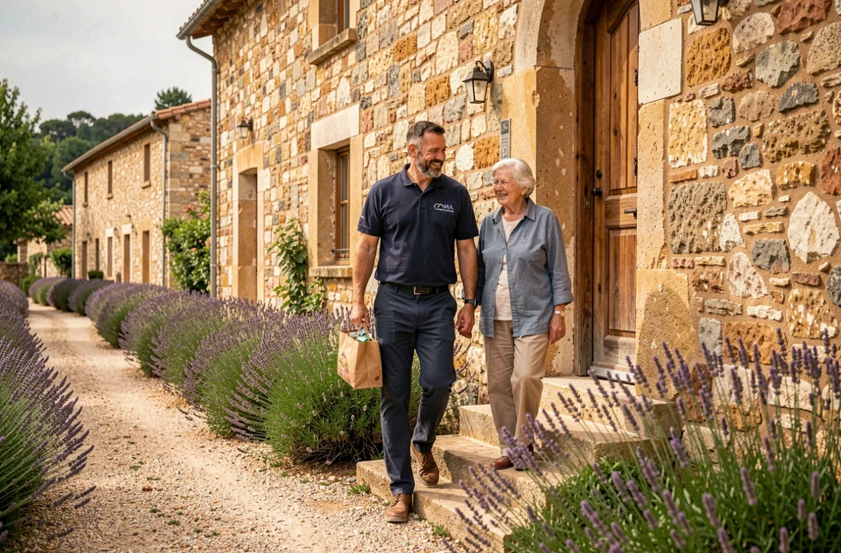 Un intervenant de Domaliance Vedène aide une personne âgée à monter les marches de sa maison en pierre dans le nord du Vaucluse