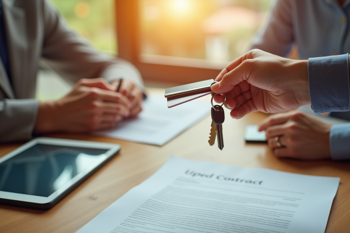 Main passant des clés de maison et cartes bancaires sur un contrat signé