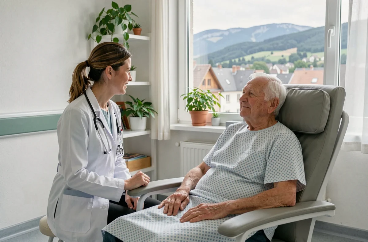 Infirmière en consultation avec un résident âgé à l'EHPAD du Centre Hospitalier de Saverne