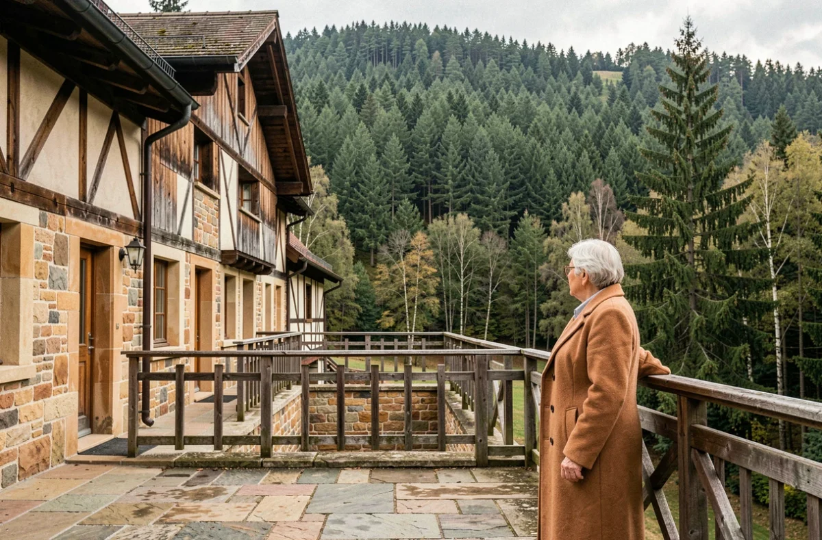 Résidente contemplant la forêt vosgienne depuis la terrasse de l'EHPAD de La Petite-Pierre