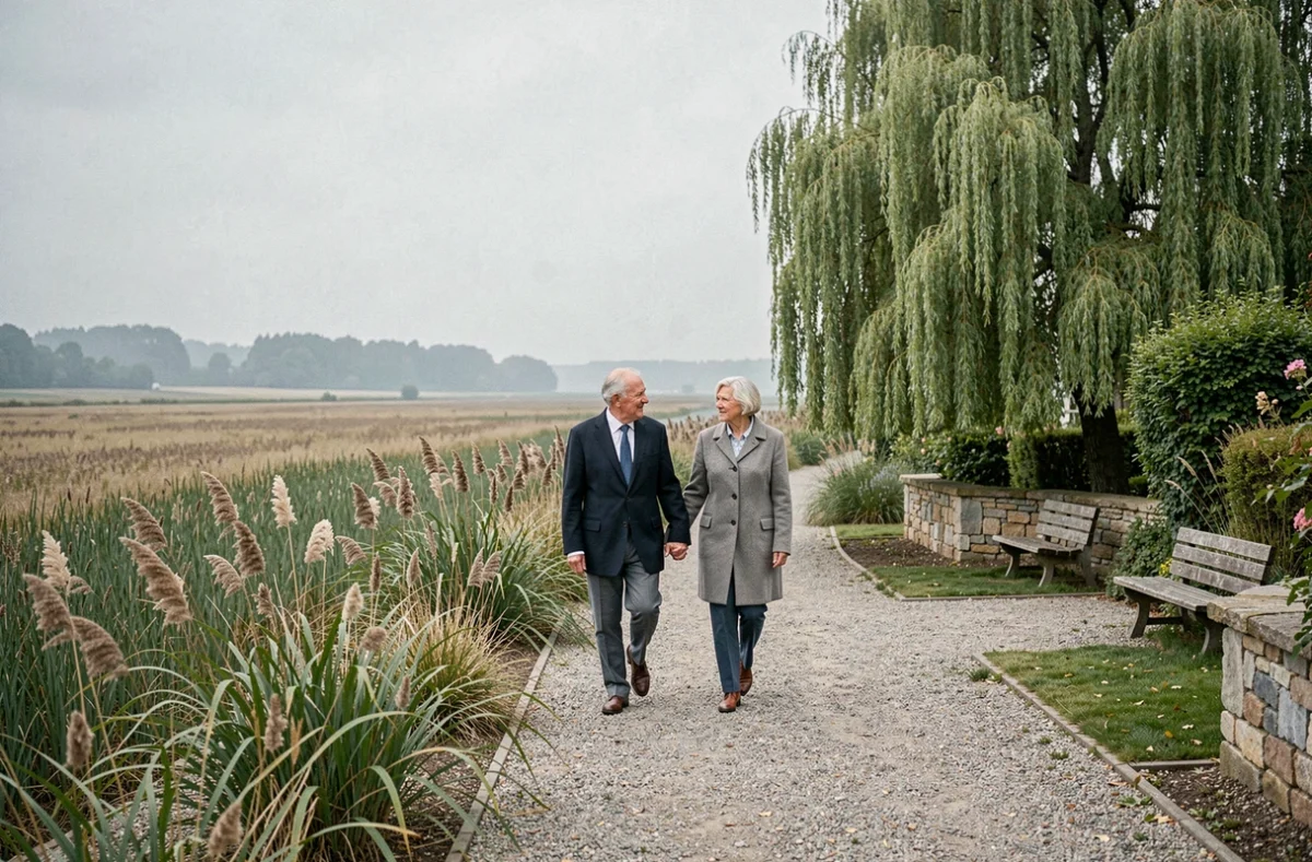 Couple de résidents se promenant dans le jardin au bord du Ried à l'EHPAD Le Ried de Rhinau