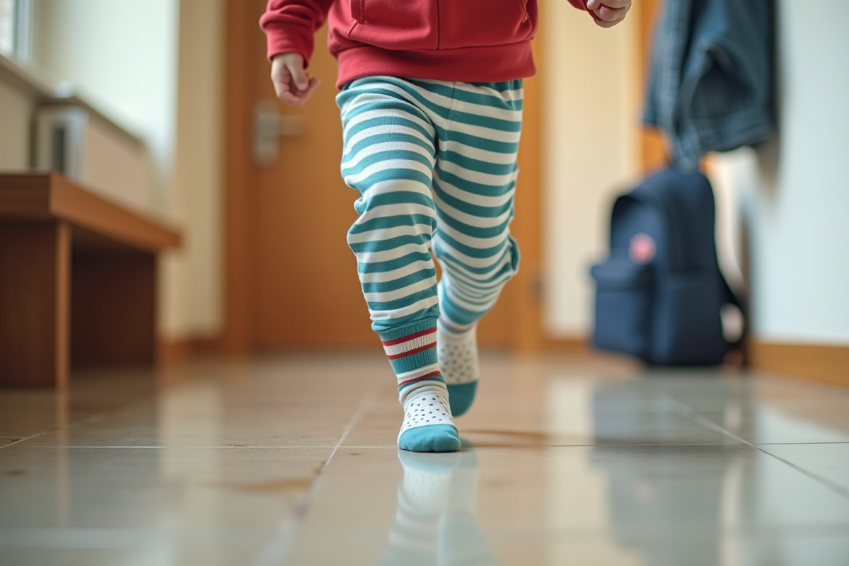 Jeune garçon courant avec des chaussettes antidérapantes à la maison