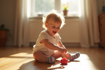 Enfant souriant assis sur le sol en bois avec des chaussettes antidérapantes colorées