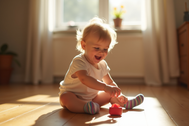 Enfant souriant assis sur le sol en bois avec des chaussettes antidérapantes colorées