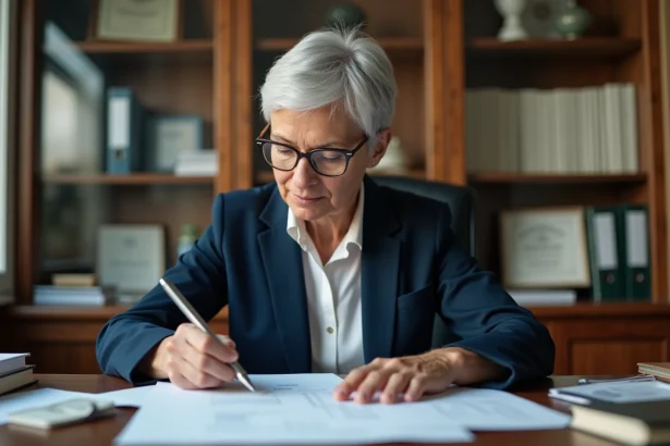 Femme enseignante en fin de carrière révisant ses documents de retraite dans un bureau professionnel à domicile
