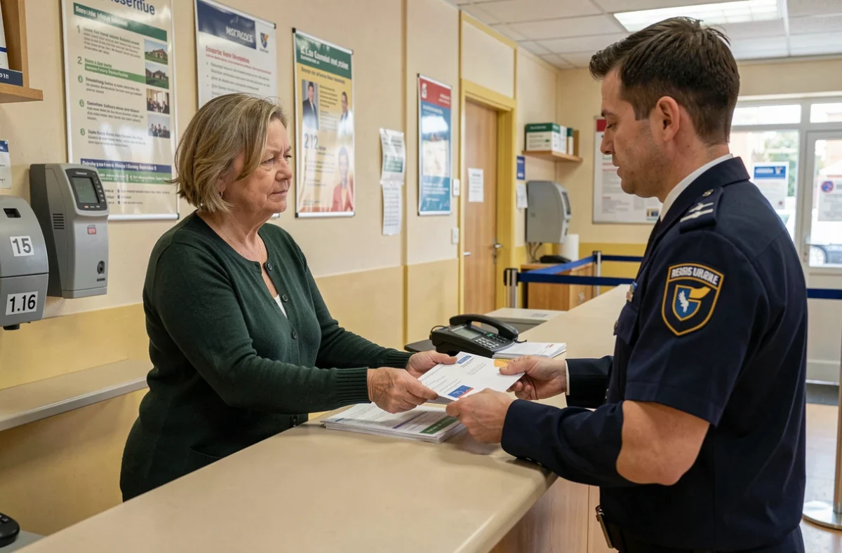 Femme envoyant un courrier recommandé avec des documents pour Agirc Arrco au guichet d'un bureau de poste français