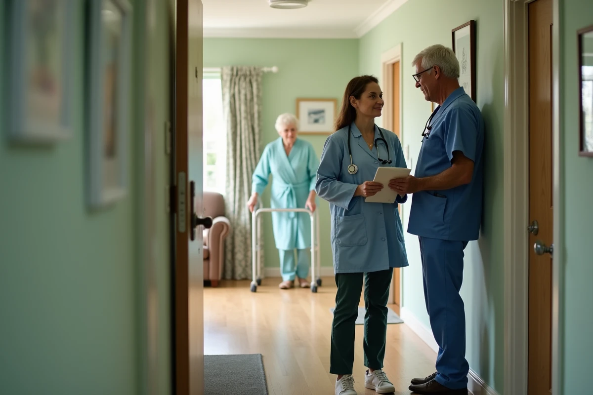 Équipe médico-sociale en concertation lors d'une visite d'évaluation GIR au domicile d'une personne âgée