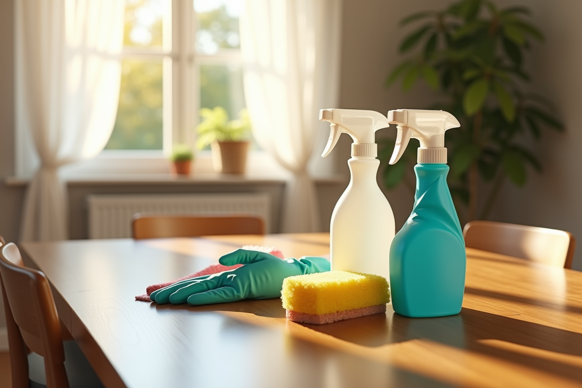 Accessoires de nettoyage sur une table en bois dans un salon lumineux