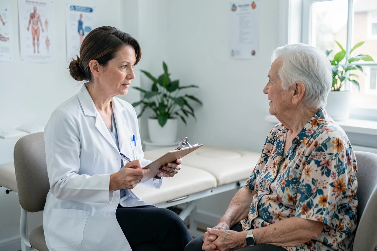 Professionnelle de santé évaluant l'autonomie d'une patiente âgée lors d'une consultation, dans le cadre du score IADL