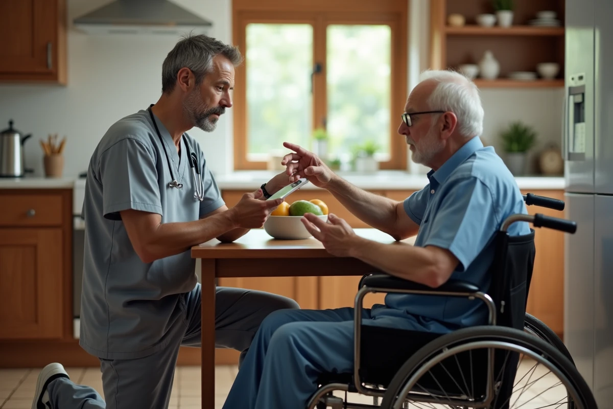 Infirmier gériatrique évaluant les capacités motrices d'un senior en fauteuil roulant à domicile