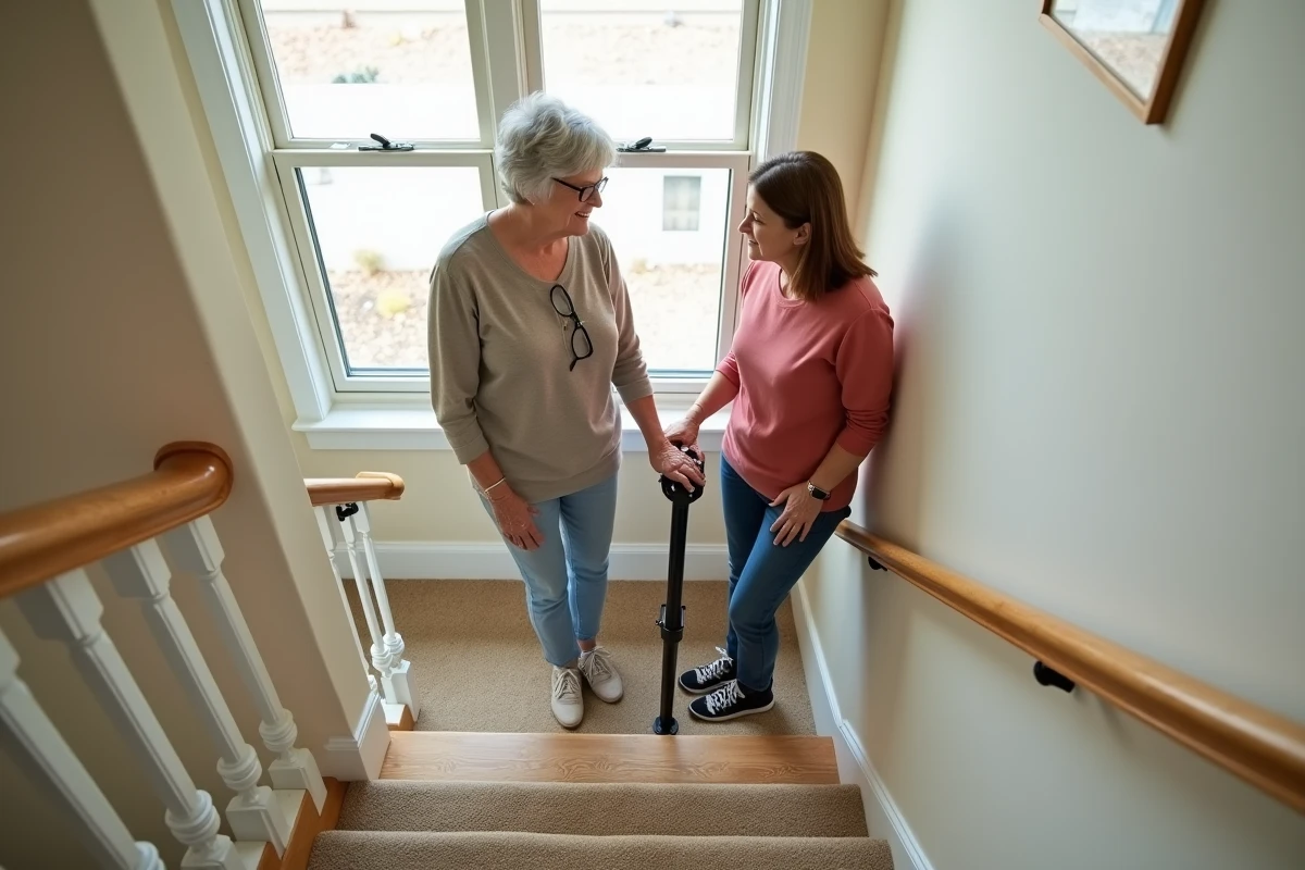 Deux femmes évaluant une solution alternative de monte-escalier sans travaux dans une maison de banlieue