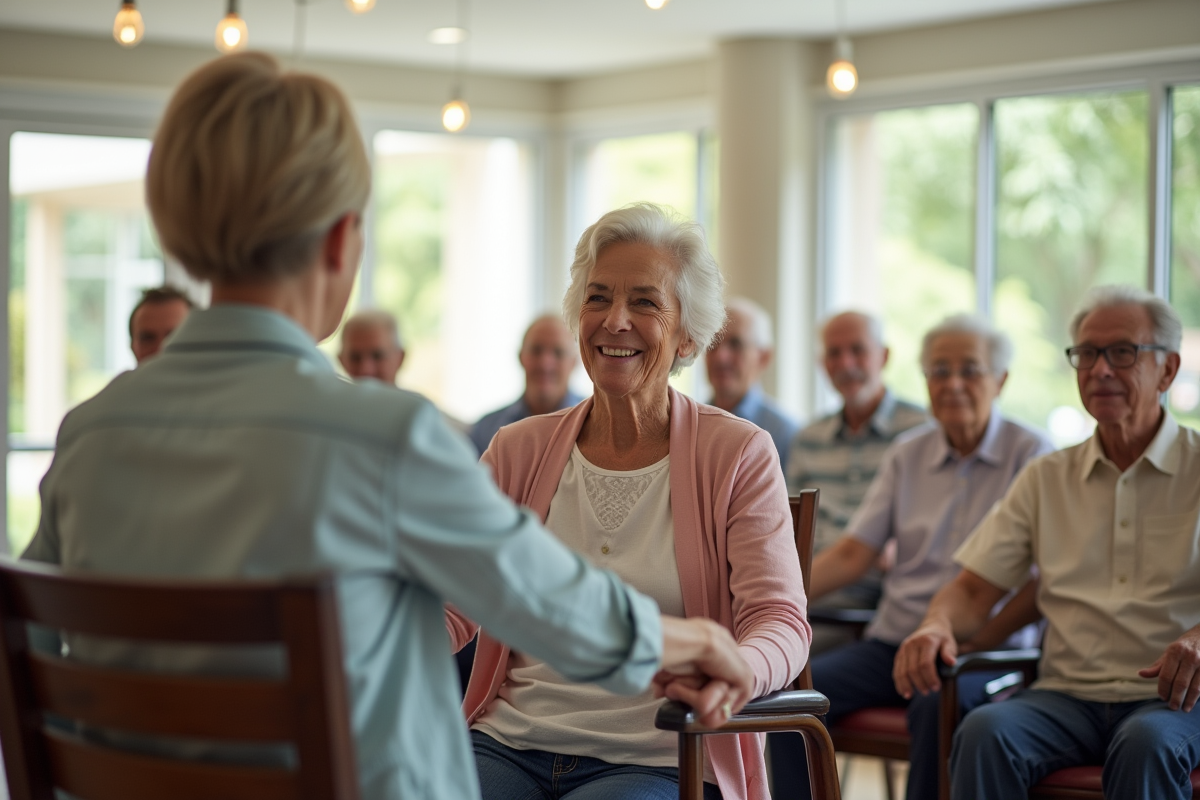 Femme guidant un exercice assis avec des seniors dans un espace moderne