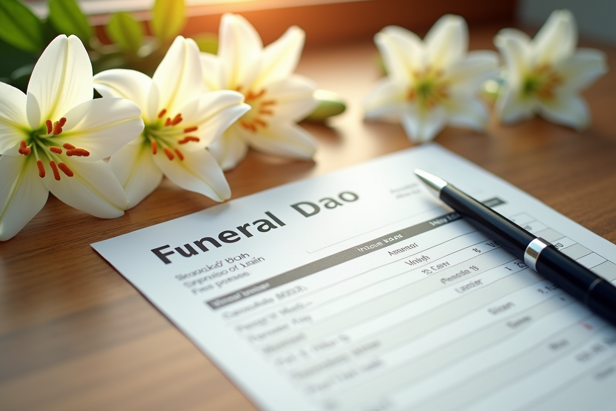 Facture de funeraire belge avec lys blancs et stylo noir