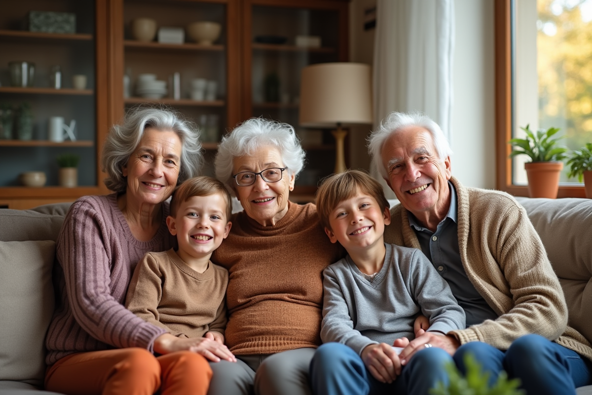 Une famille belge multigeneration posant ensemble dans un salon lumineux
