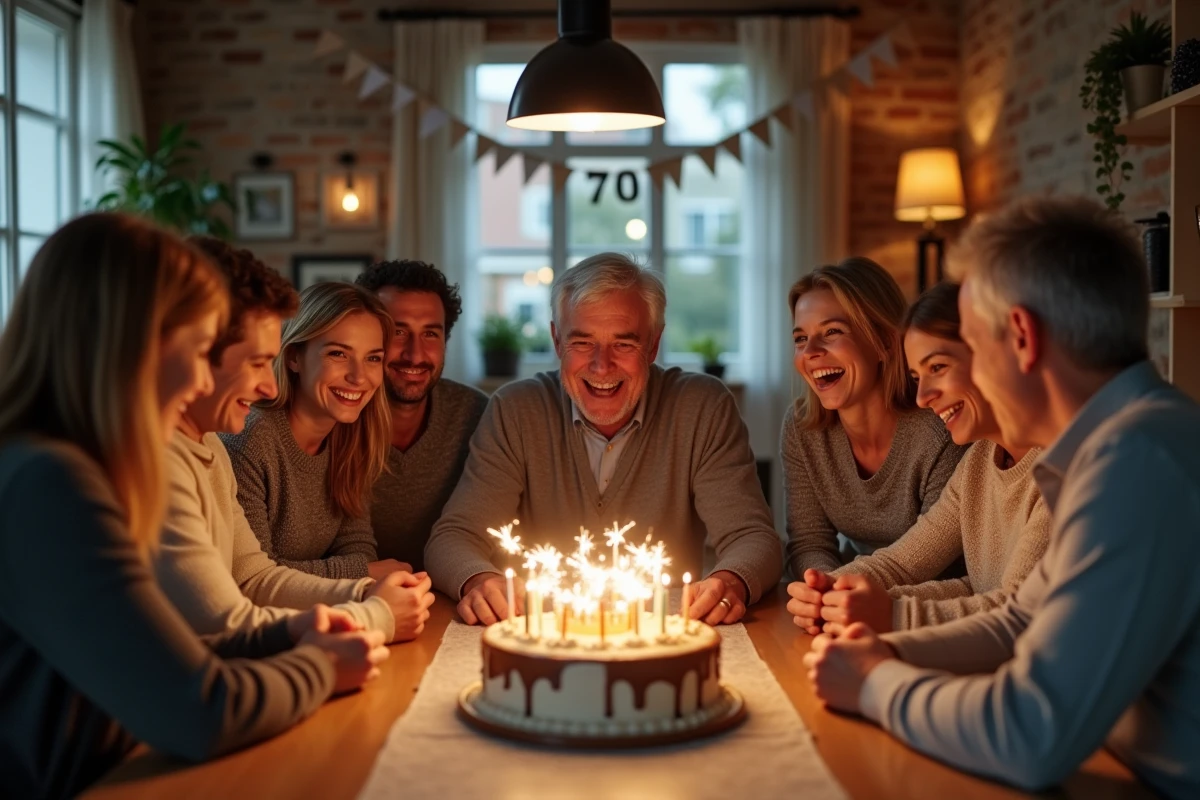 Famille multigénérationnelle réunie pour fêter un anniversaire de 70 ans autour d'un gâteau décoré avec une banderole 70 ans