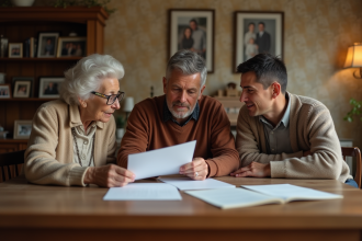 Seniore et deux adultes regardant des documents familiaux