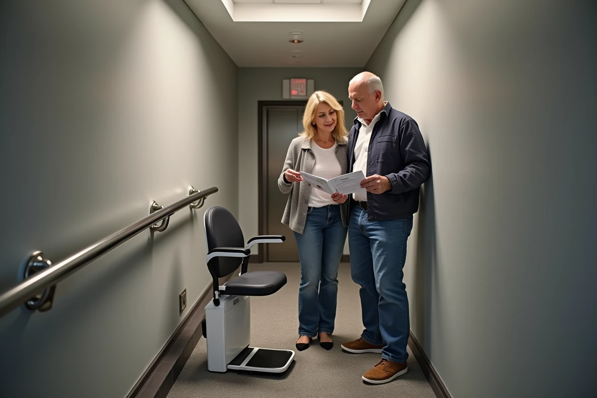 Deux adultes examinant un monte escalier mobile sans installation sur le palier d'un immeuble résidentiel moderne, en train de lire la brochure du produit