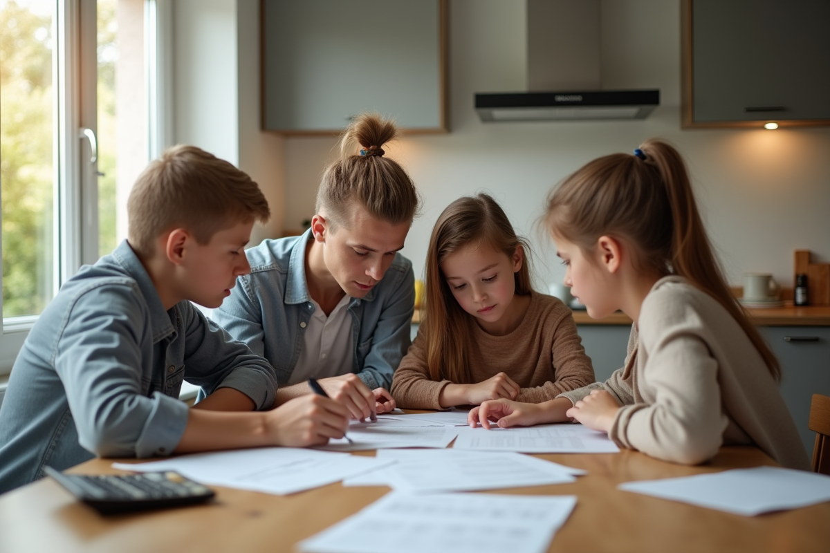 Famille concentrée autour de documents financiers à la maison
