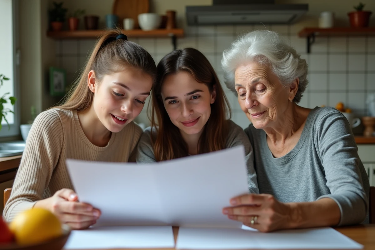 Famille réunie autour de papiers de soin à la cuisine