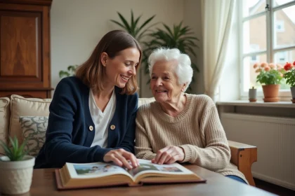Une famille lilloise partageant un moment chaleureux avec une personne âgée dans un appartement nordiste, illustrant le soutien à domicile offert par Gestea Senior Lille