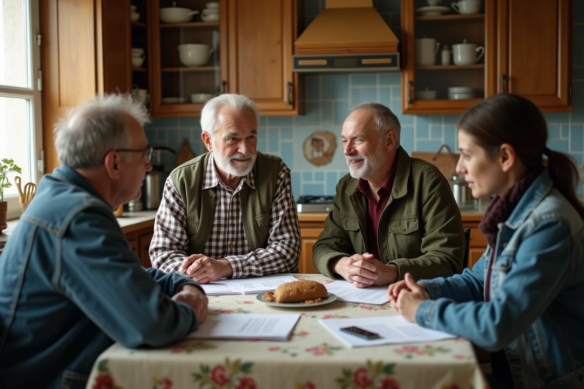 Une famille multigénérationnelle lilloise réunie autour d'une table pour discuter de la prise en charge d'un proche âgé, dans une maison typique du Nord de la France
