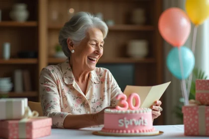 Femme de 70 ans souriante lisant une carte d'anniversaire humoristique entourée de ballons et d'un gâteau avec le chiffre 70