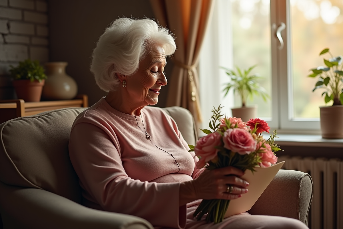 Femme de 70 ans dans un salon recevant des cartes d