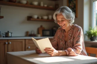 Femme de 70 ans souriante lisant une carte d'anniversaire manuscrite dans une cuisine chaleureuse