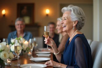 Femme de 70 ans souriante tenant une coupe de champagne lors d'un discours d'anniversaire en famille